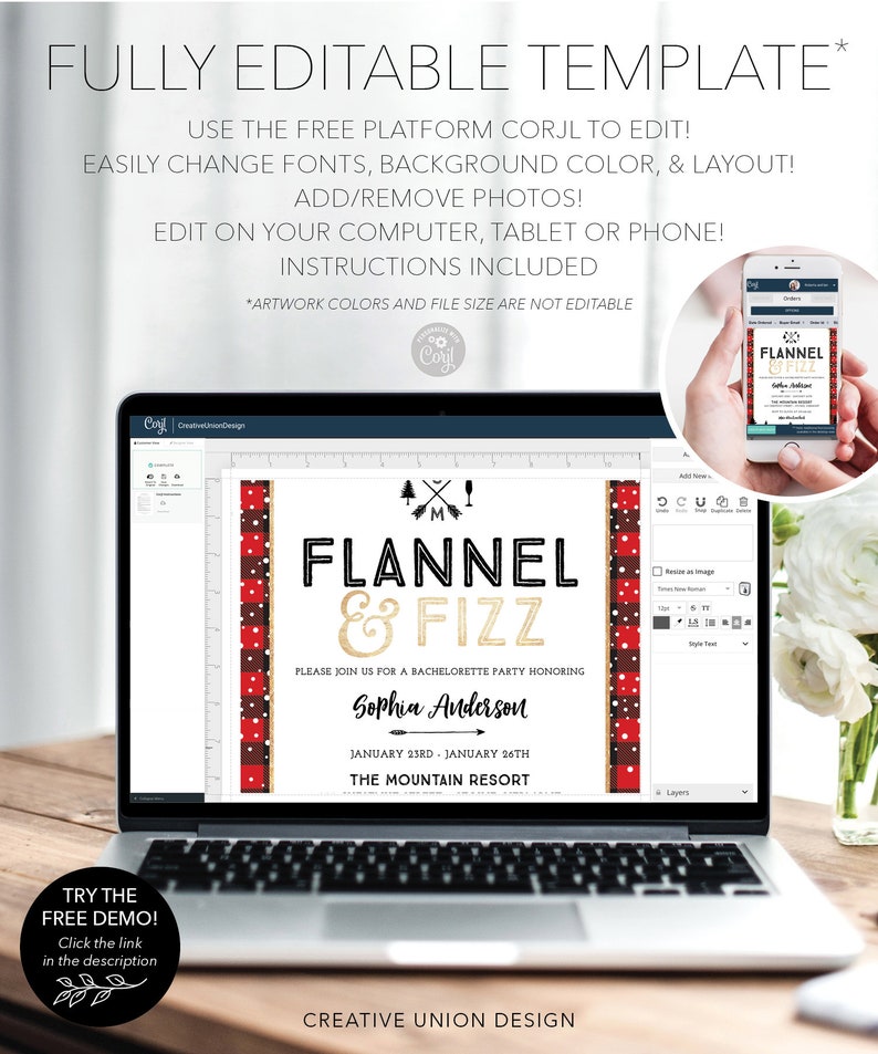 K&ouml;nnte beinhalten: Ein Laptop zeigt eine Vorlage f&uuml;r eine Junggesellinnenabschiedseinladung mit dem Text "Flannel & Fizz". Das Design hat einen rot-schwarz karierten Rand und enth&auml;lt den Namen "Sophia Anderson" und "The Mountain Resort".