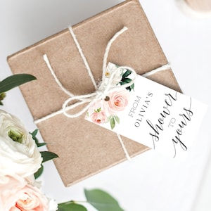 De sa douche à la vôtre, étiquettes de faveur, étiquettes de faveur imprimables, étiquettes de faveur de douche nuptiale, étiquette de faveur modifiable, merci, fleurs rougissantes
