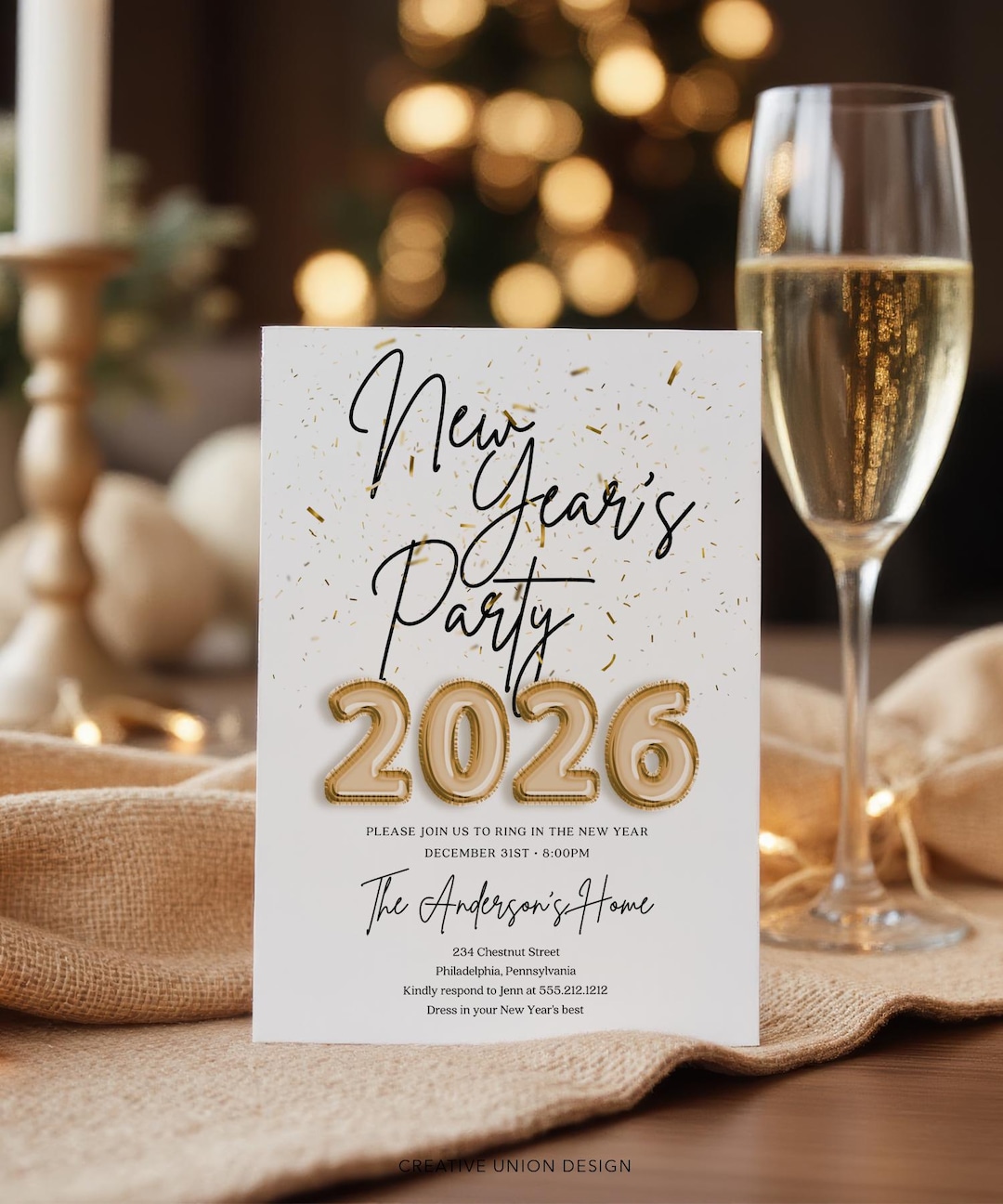 Plantilla de invitación para fiesta de Nochevieja 2026 - Invitación  imprimible con confeti y detalles dorados - Etsy México, image size:1080x1296