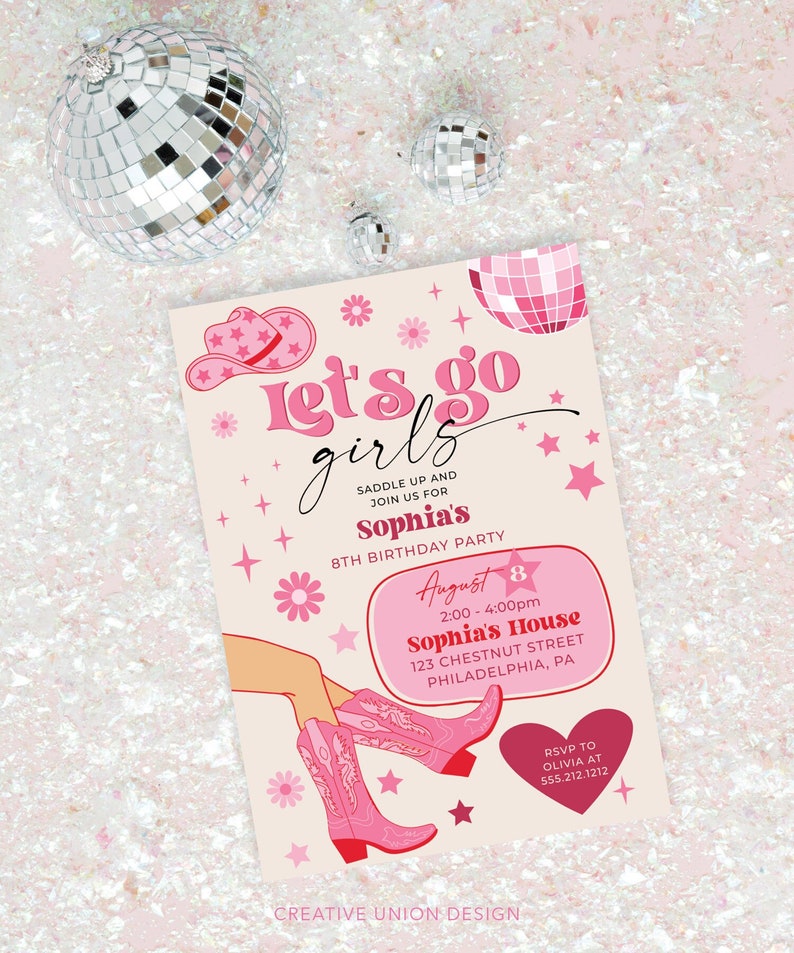Plantilla de invitación para fiesta de cumpleaños de vaquera rosa, fiesta de vaquera disco rosa, cumpleaños de rodeo, fiesta de cumpleaños para niña, ¡Vamos chicas!, cualquier edad imagen 1