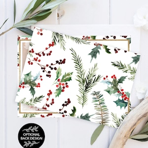 May include: Two rectangular cards with a white background, featuring a watercolor design of holly, berries, and pine needles. One card has a gold border. The text "OPTIONAL BACK DESIGN" is in a black circle. "CREATIVE UNION DESIGN" is at the bottom.