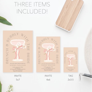 Op de afbeelding: Drie afdrukbare ontwerpen voor een bruidsbrunchviering. De ontwerpen bevatten een roze champagnefluit met een roze lint en witte bloemen. De tekst op de ontwerpen luidt "Brunch & Bubbly with the Bride". De ontwerpen zijn verkrijgbaar in drie formaten: 5x7 inch, 4x6 inch en 2x3,5 inch.