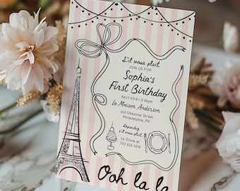 Ręcznie rysowany francuski szablon zaproszenia na pierwsze urodziny, pierwsze urodziny w Paryżu, kokietka, wieża Eiffla, pierwsze urodziny dziecka, przyjęcie urodzinowe dla dziewczynki