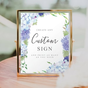 Ortensia blu vintage, modello di cartello personalizzato modificabile, cartello personalizzato per addio al nubilato, bomboniere, mimosa, regali e biglietti, cartelli da tavolo stampabili