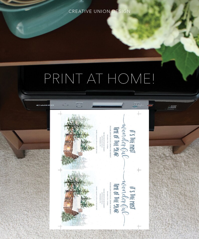 May include: Printable Christmas card design featuring a cozy cabin in a snowy forest with the text "It's the most wonderful time of the year" repeated twice. The design is ready to be printed at home.