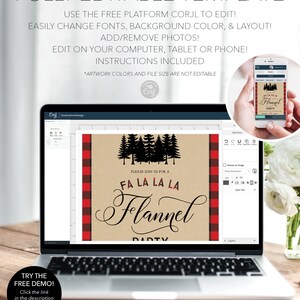 May include: A laptop displays a customizable party invitation template. The design features a rustic theme with a brown background, black trees, and red and black plaid accents. Text includes "Fa La La La Flannel Party".