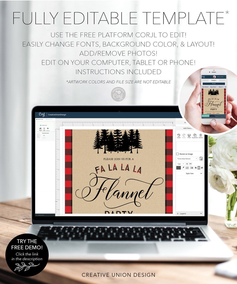 May include: A laptop displays a customizable party invitation template. The design features a rustic theme with a brown background, black trees, and red and black plaid accents. Text includes "Fa La La La Flannel Party".