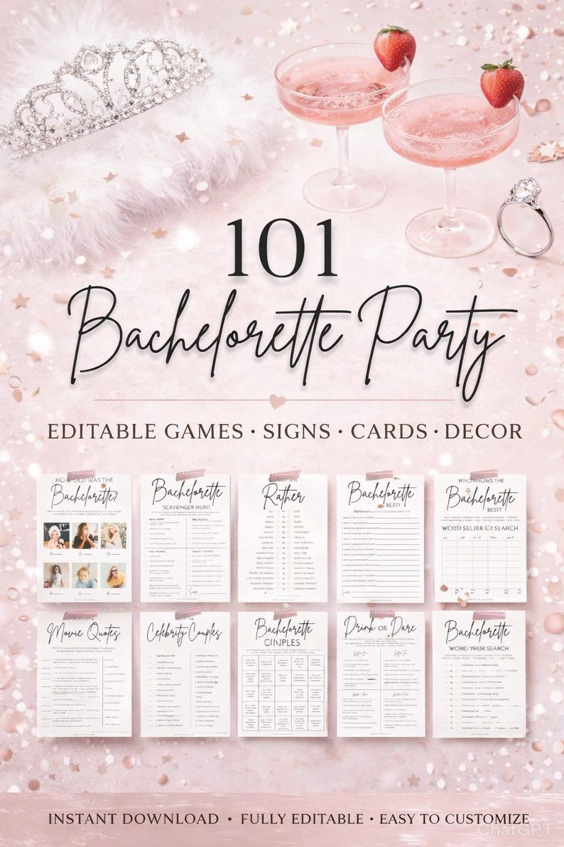 Bundel met sjablonen voor vrijgezellenfeestspelletjes, 101 printbare decoraties voor een vrijgezellenfeest, bingobordjes als bedankjes (grappig, stout, schoon), modern minimalistisch afbeelding 1