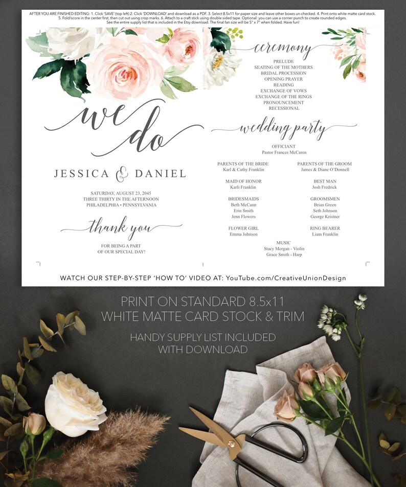 Plantilla de abanico para programa de boda, abanico editable, programas de boda imprimibles, abanico de boda para invitados, flores ruborizadas, acuarela floral imagen 5