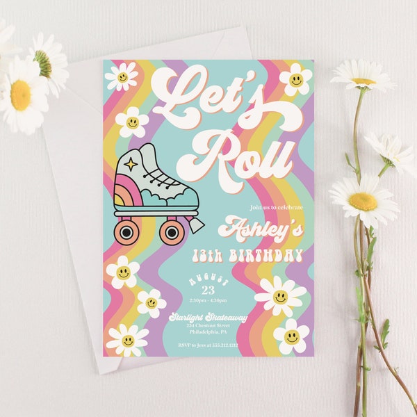 Let's Roll Roller Skate Birthday Party Invitation Template, ANY AGE, Daisy Birthday Invite, Retro Roller, Rainbow, Girl Birthday Skate Party