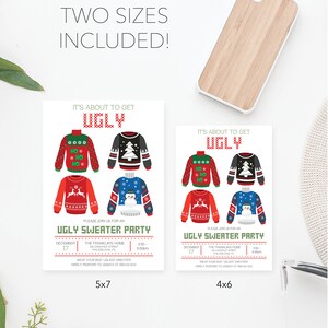 May include: Two invitation cards with the text "It's About to Get Ugly" and various ugly sweater designs. The cards are labeled 5x7 and 4x6, with event details. A wooden phone case is also visible.