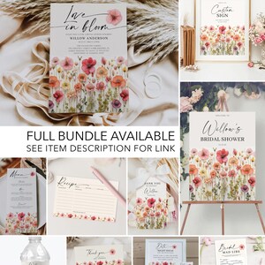 May include: A set of printable bridal shower decorations featuring a watercolor floral design with pink, yellow, and orange flowers. The set includes a welcome sign, a thank you card, a menu, a recipe card, a date night ideas card, a bridal mad libs game, and a water bottle label.