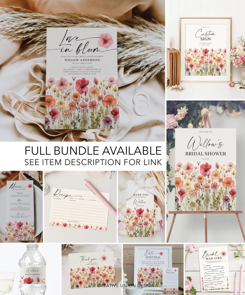 May include: A set of printable bridal shower decorations featuring a watercolor floral design with pink, yellow, and orange flowers. The set includes a welcome sign, a thank you card, a menu, a recipe card, a date night ideas card, a bridal mad libs game, and a water bottle label.