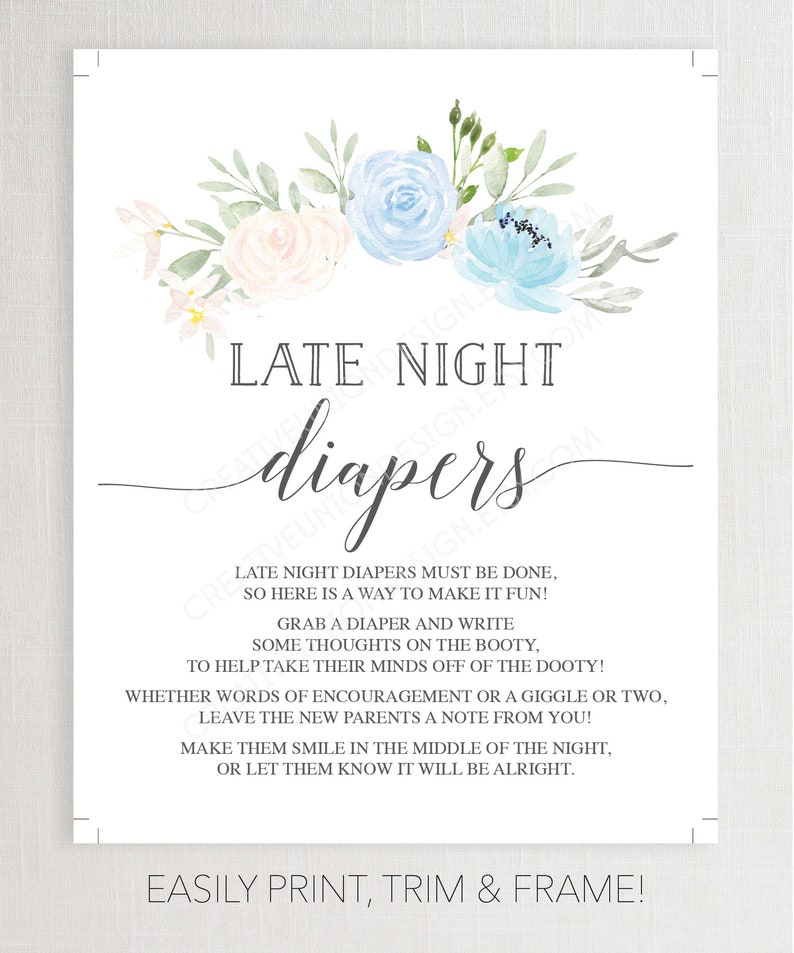 Late Night Diapers Baby Shower Sign File 8x10 Printable File | Etsy