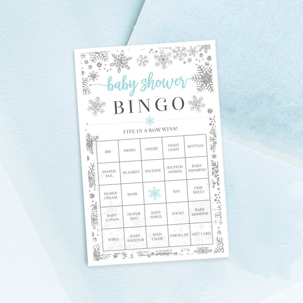 Frosty Snowflake Boy Baby Shower Bingo, 60 Unique Game Sheets, Blue Baby Shower Games, Winter, Little Snowflake, Instant Download, Printable