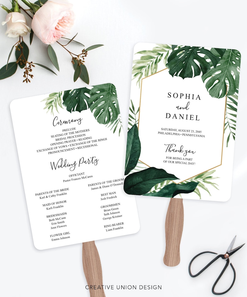 Monstera Fan Tropical Monstera Wedding Program Fan Template, Printable Fan Program ...