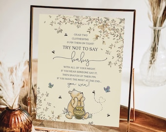 PRINTED & SHIPPED Winnie The Pooh Don't Say Baby Game | 8x10 | Boho Baby Shower Game Sign | Pooh Bear | A Little Hunny Clothespin Game