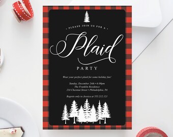 May include: A plaid party invitation with a black background and red plaid border. The invitation includes the text "Plaid Party" in elegant script, along with event details and a forest silhouette. Decorative elements include red and white ribbon and washi tape.