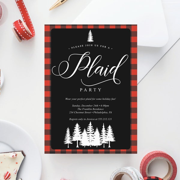 Plaid Party Invitation Template, Flannel Christmas Party Invite, Holiday Party Invitations, Editable, Buffalo Plaid, Download, December