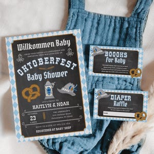 Oktoberfest-Babypartyeinladung-Set-Vorlage, druckbar bearbeitbar, Dankeskarte, Windelraffle, Bücher für Baby, Herbst-Babyparty, deutsch