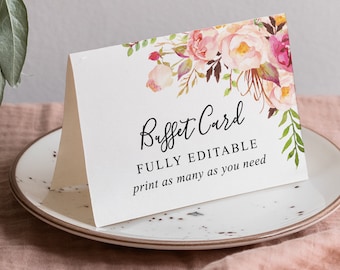 Buffet Food Signs, Template, Food Labels, Tented Cards, Food Stations, Wedding Buffet Sign, Antique Rose, Download, Floral, Rustic, Rose