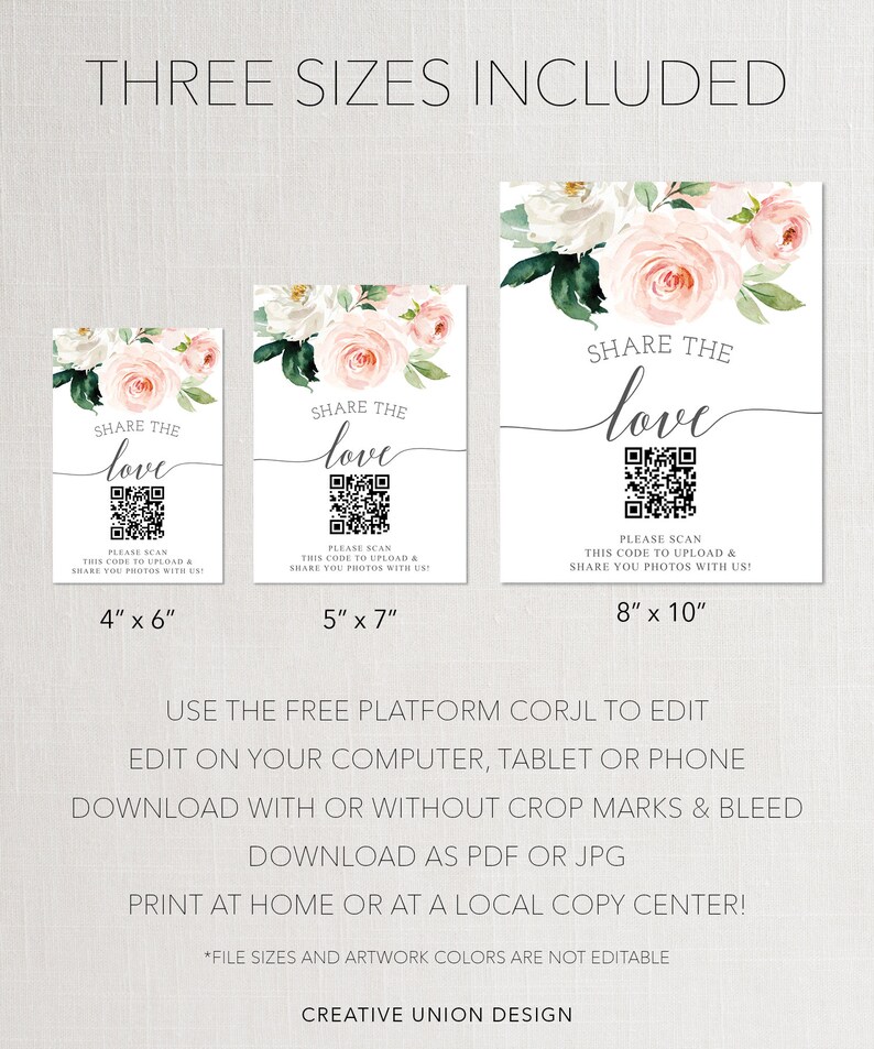 K&ouml;nnte beinhalten: Drei wei&szlig;e rechteckige Schilder mit Blumenarrangements und den Worten "Share the Love" und einem QR-Code. Die Schilder sind 10 cm x 15 cm, 13 cm x 18 cm und 20 cm x 25 cm gro&szlig;. Die Schilder enthalten Anweisungen.