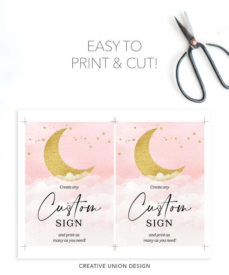 Puede incluir: Dos plantillas de carteles imprimibles con una luna creciente dorada y estrellas sobre un fondo de acuarela rosa. El texto en los carteles dice "Crea cualquier cartel personalizado e imprime tantos como necesites!"