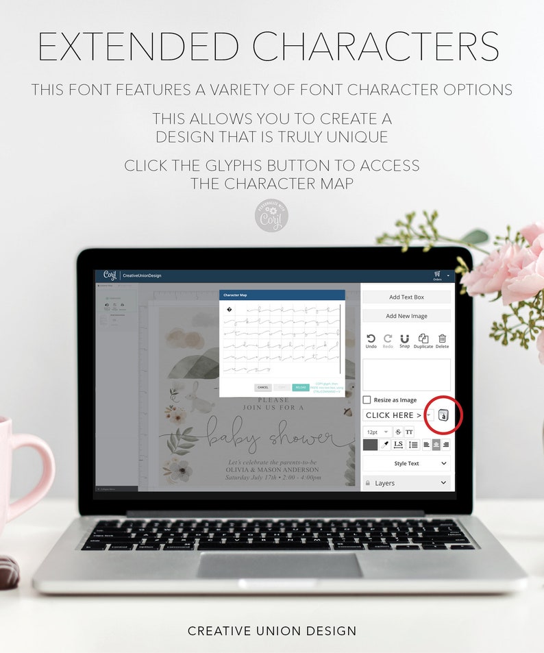 May include: A laptop screen displaying a design program with a baby shower invitation and a character map. The invitation is for Olivia & Mason Anderson and says "Please join us for a baby shower". The character map shows a variety of font options.