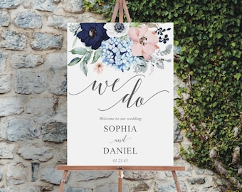 Wedding Welcome Sign Template, Welcome Wedding Sign, Editable Welcome Sign, Instant Download, Navy Blooms, Floral, Hydrangea, Navy Wedding