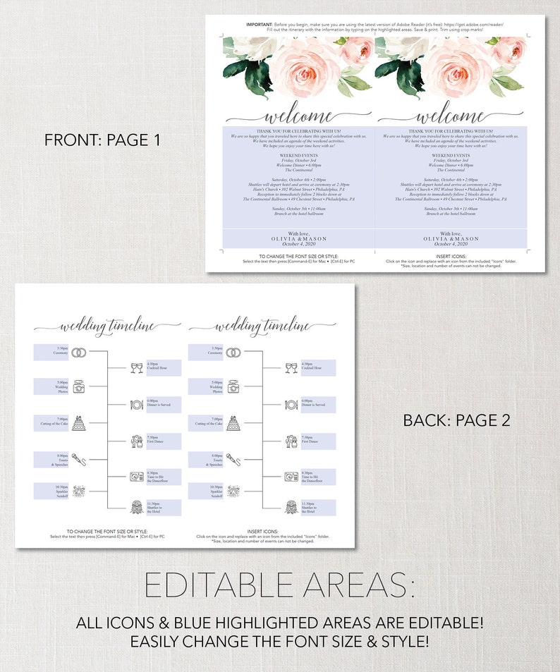 Wedding Itinerary Timeline Template Wedding Welcome Bag - Etsy