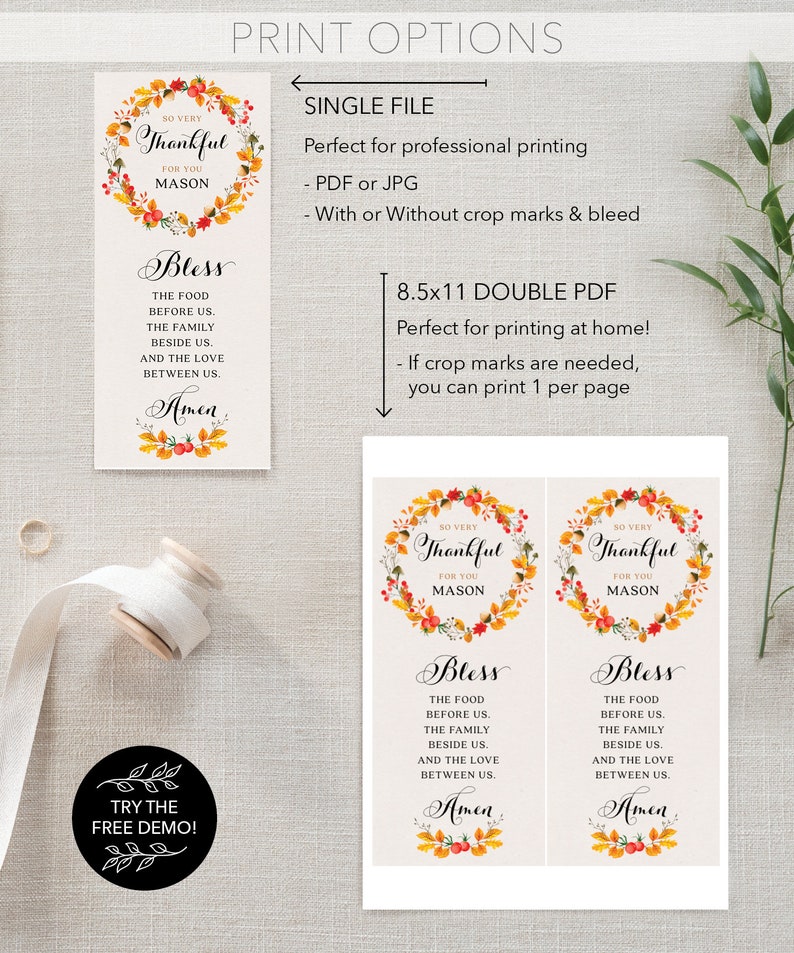 May include: Printable Thanksgiving place cards with a fall floral wreath design. The cards feature the text "So Very Thankful for You Mason" and "Bless the food before us, the family beside us, and the love between us. Amen".