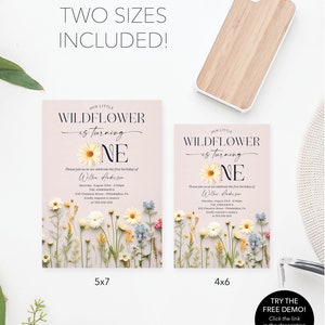 May include: Two printable invitations for a first birthday party. The invitations feature a pink background with a floral design and the text "Our Little Wildflower is turning One". The invitations are available in two sizes: 5x7 inches and 4x6 inches.