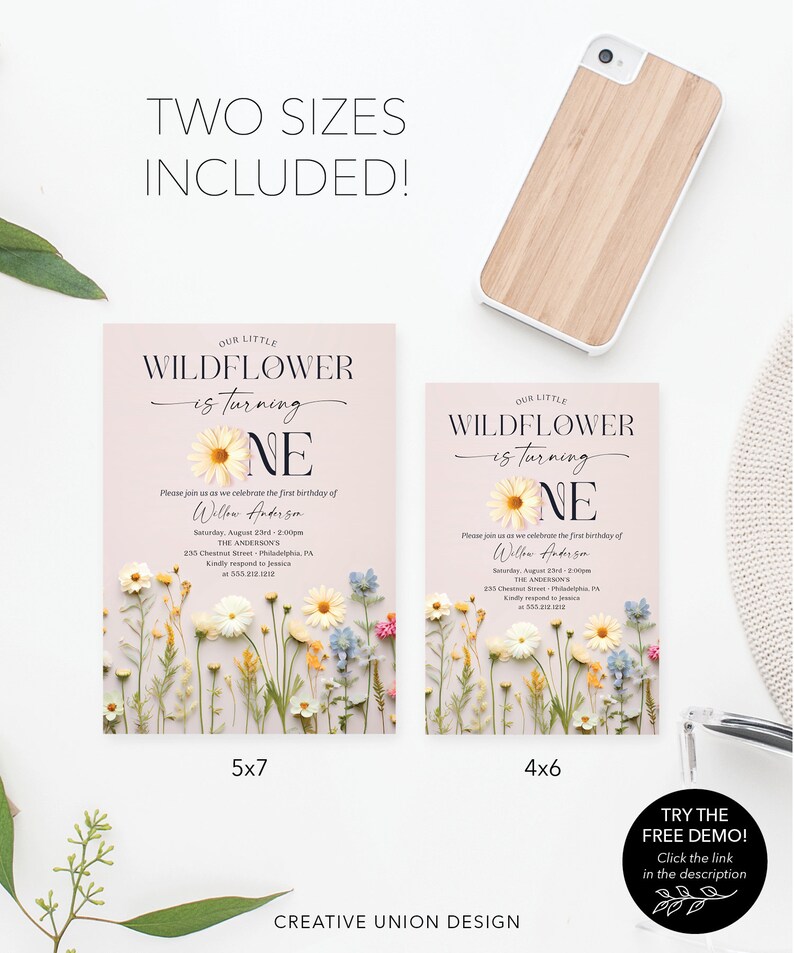 May include: Two printable invitations for a first birthday party. The invitations feature a pink background with a floral design and the text "Our Little Wildflower is turning One". The invitations are available in two sizes: 5x7 inches and 4x6 inches.