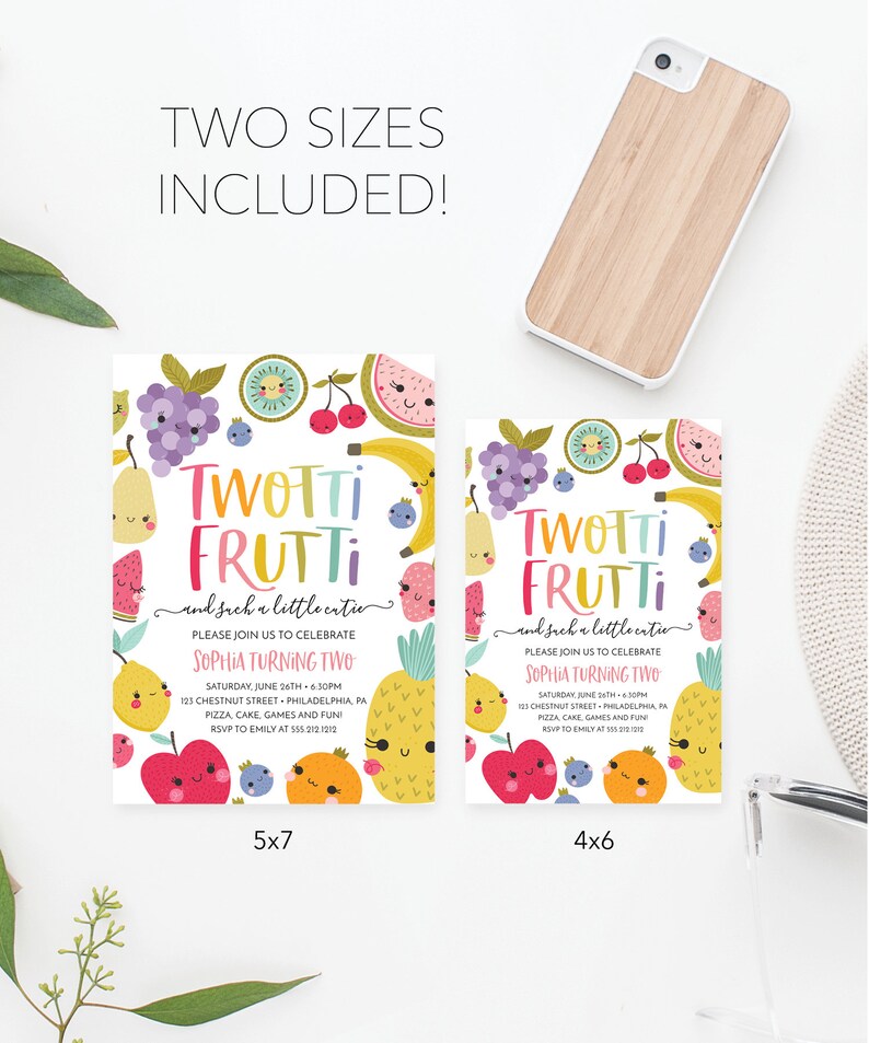 May include: Two printable invitation designs for a child's second birthday party. The invitations feature a colorful fruit theme with the text "Twotti Frutti and such a little cutie". The text "Sophia Turning Two" is also included on the invitations.
