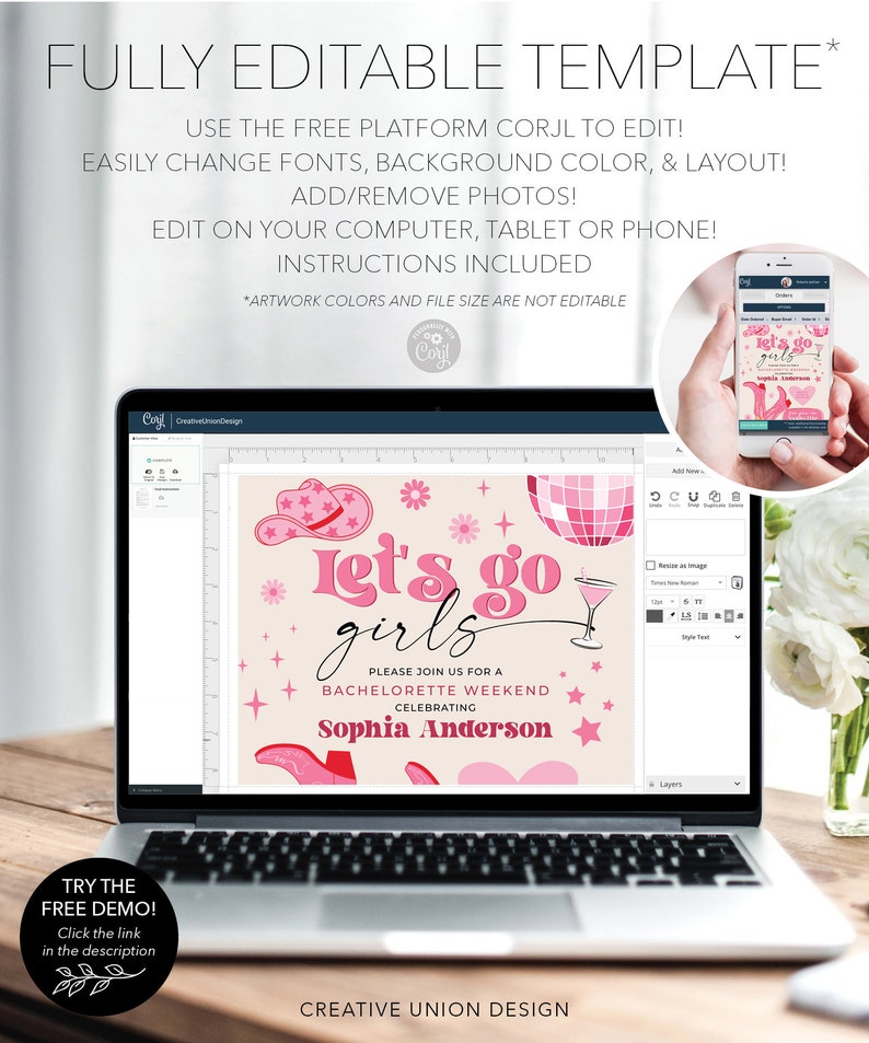 K&ouml;nnte beinhalten: Eine digitale Einladungsvorlage auf einem Laptop-Bildschirm mit dem Text "let's go girls" und "PLEASE JOIN US FOR A BACHELORETTE WEEKEND CELEBRATING SOPHIA ANDERSON" sowie Grafiken von einem Cowboyhut, einer Discokugel und einem Cocktailglas.