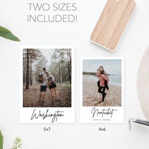 Może przedstawiać: Dwie odbitki fotograficzne z białymi ramkami, jedna przedstawiająca parę w lesie z tekstem "Washington 5x7", a druga parę na plaży z tekstem "Nantucket Sophia + Daniel 4x6".
