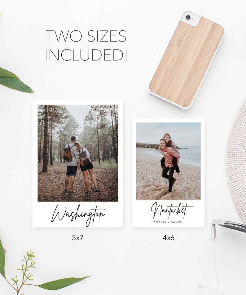 Może przedstawiać: Dwie odbitki fotograficzne z białymi ramkami, jedna przedstawiająca parę w lesie z tekstem "Washington 5x7", a druga parę na plaży z tekstem "Nantucket Sophia + Daniel 4x6".