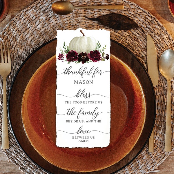 Thanksgiving Place Card Template, Thanksgiving Prayer, Table Decor, Thanksgiving Dinner, Name Cards, Blessing, Download, Burgundy Pumpkin