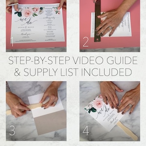 May include: A step-by-step guide for a wedding fan project. The image shows the process, including cutting, measuring, and assembling the fan. The fan design features floral accents and the words "we do" and "thank you". The YouTube channel CreativeUnionDesign is also shown.