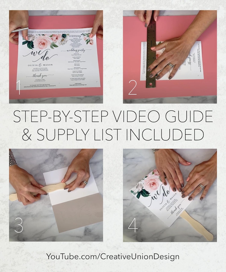May include: A step-by-step guide for a wedding fan project. The image shows the process, including cutting, measuring, and assembling the fan. The fan design features floral accents and the words "we do" and "thank you". The YouTube channel CreativeUnionDesign is also shown.