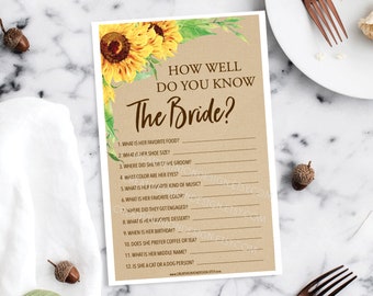 May include: A brown card with a sunflower design and the text "How well do you know the bride?" with a list of 12 questions about the bride.