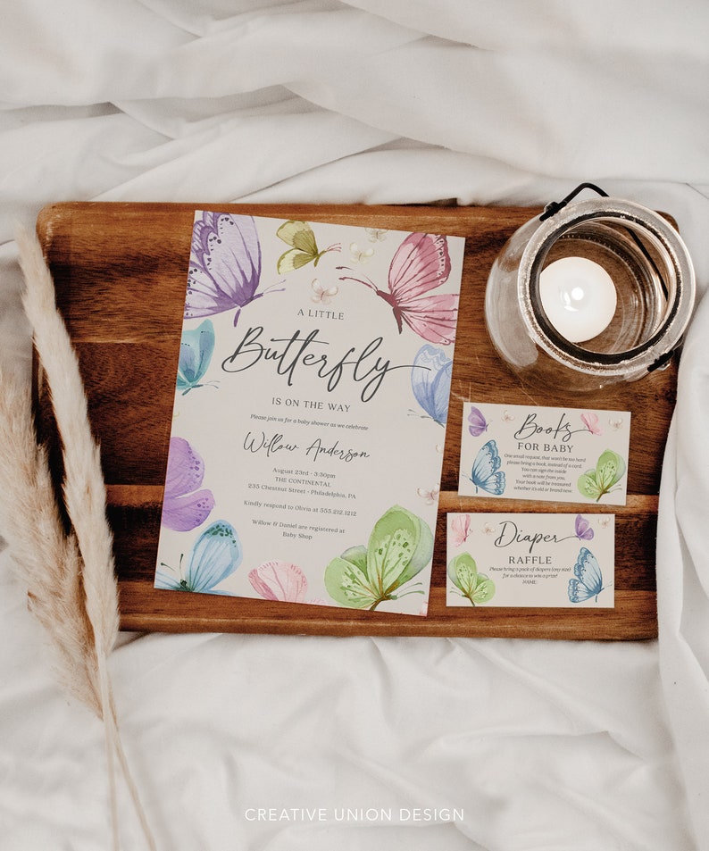 Boho Butterfly Baby Shower Invitation Set Template, Printable Editable ...