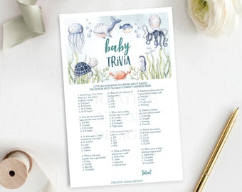 May include: A printable baby trivia game with an ocean theme. The game features a blue whale, a jellyfish, an octopus, a seahorse, a turtle, and a crab. The text on the game says "Baby Trivia" and "Let's see how much you know about babies! The person with the most correct answers wins!"
