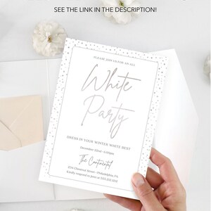 K&ouml;nnte beinhalten: Eine wei&szlig;e Einladungskarte mit silbernem Text, der "White Party" lautet. Die Karte enth&auml;lt Eventdetails: Datum, Uhrzeit und Ort. Der Text "Need help with printing? See the link in the description!" steht oben.