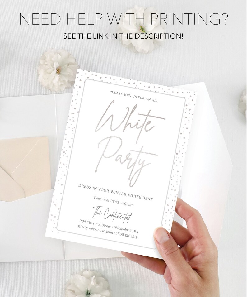 K&ouml;nnte beinhalten: Eine wei&szlig;e Einladungskarte mit silbernem Text, der "White Party" lautet. Die Karte enth&auml;lt Eventdetails: Datum, Uhrzeit und Ort. Der Text "Need help with printing? See the link in the description!" steht oben.