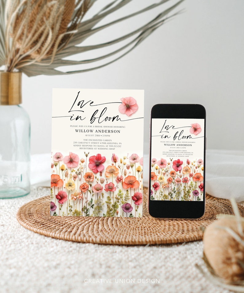 Love In Bloom, Wildflower Bridal Shower Invite Template, Flower Stems, Printable Bridal Shower Invitation, Instant Download, Colorful Flower image 3