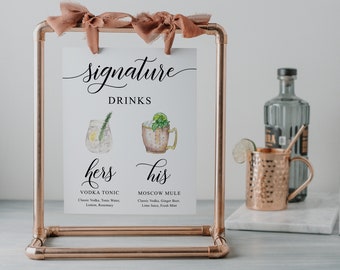 Signature Drink Sign Template, Printable Signature Cocktail Sign, His and Hers Drinks, Editable Bar Menu Sign, Simple, Classic Calligraphy