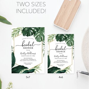 May include: Two printable bridal shower invitations with tropical leaf designs. The invitations are in two sizes: 5x7 inches and 4x6 inches. The text on the invitations reads "Please join us for a bridal shower honoring Kaitlyn Williams".