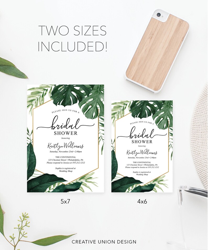 May include: Two printable bridal shower invitations with tropical leaf designs. The invitations are in two sizes: 5x7 inches and 4x6 inches. The text on the invitations reads "Please join us for a bridal shower honoring Kaitlyn Williams".