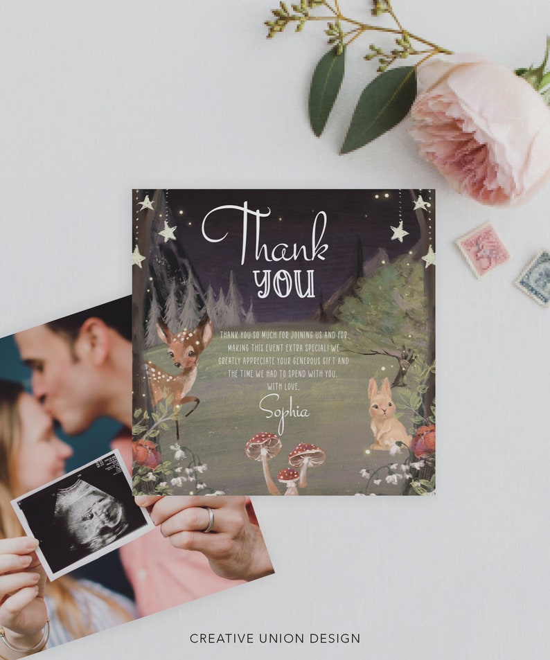 May include: A thank you card with a woodland theme. The card features a deer and a rabbit in a forest setting with stars and mushrooms. The text on the card reads "Thank You" and "With Love, Sophia".